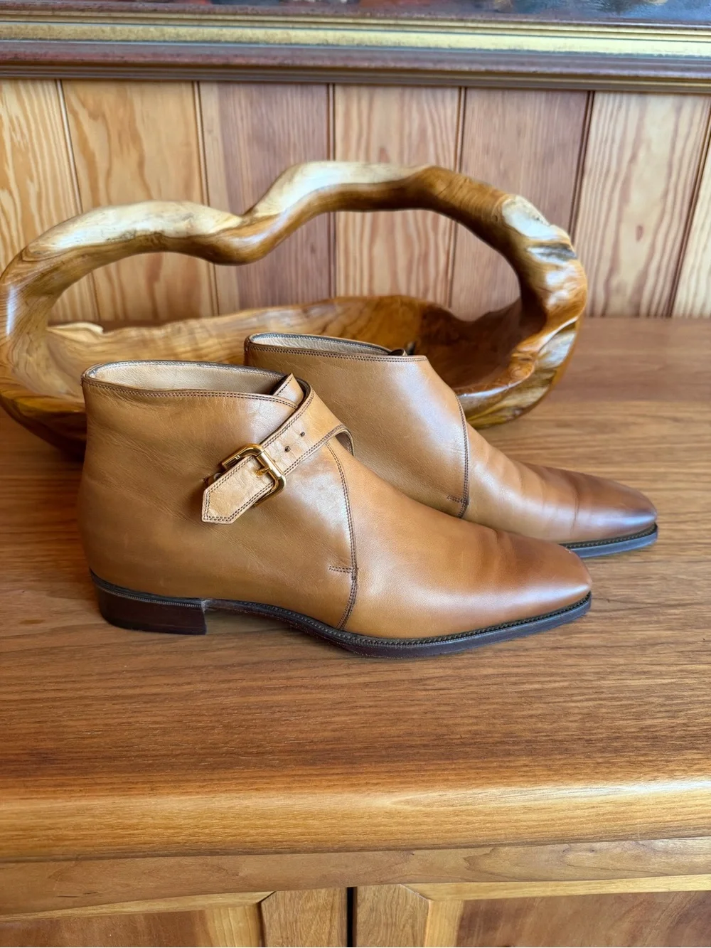 Ralph Lauren Purple Label Tan Leather Chukka Boots with Buckle